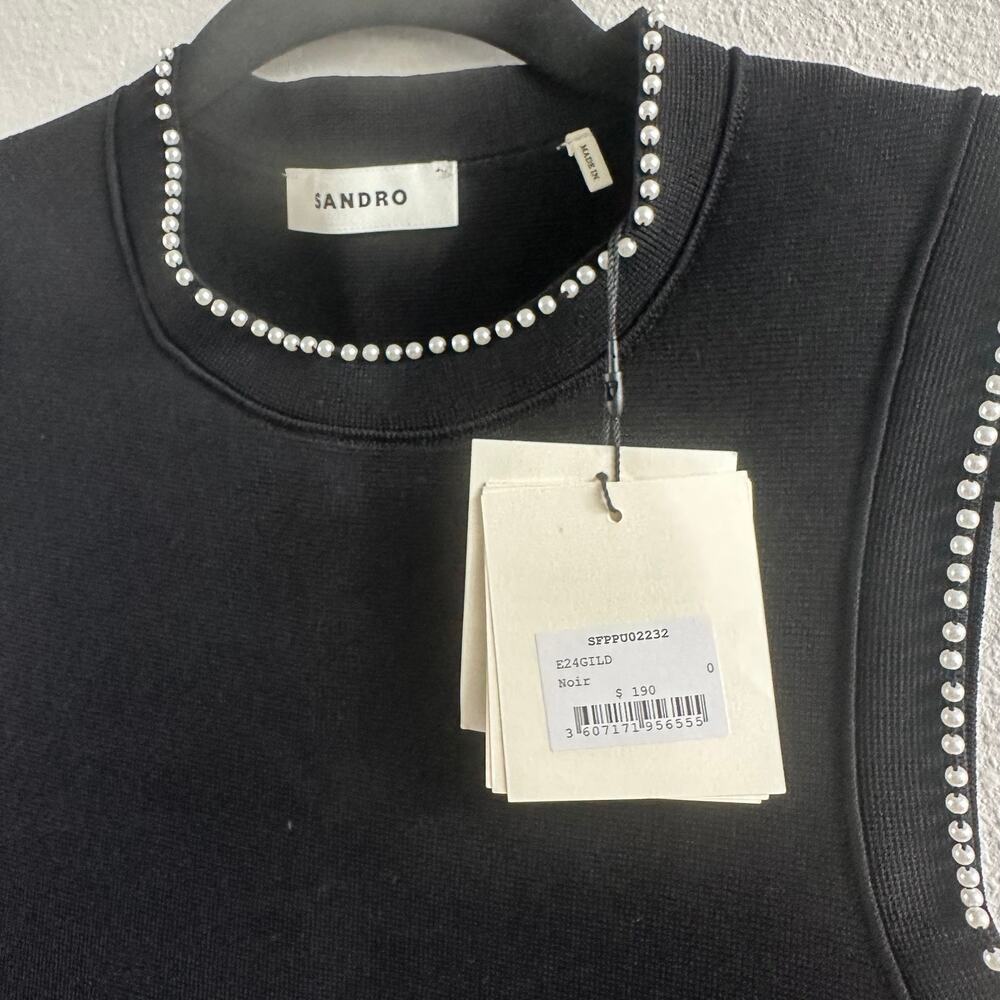 Sandro Gild Faux Pearl Embellished Sleeveless Knit Tank Top Black - Picture 3 of 5